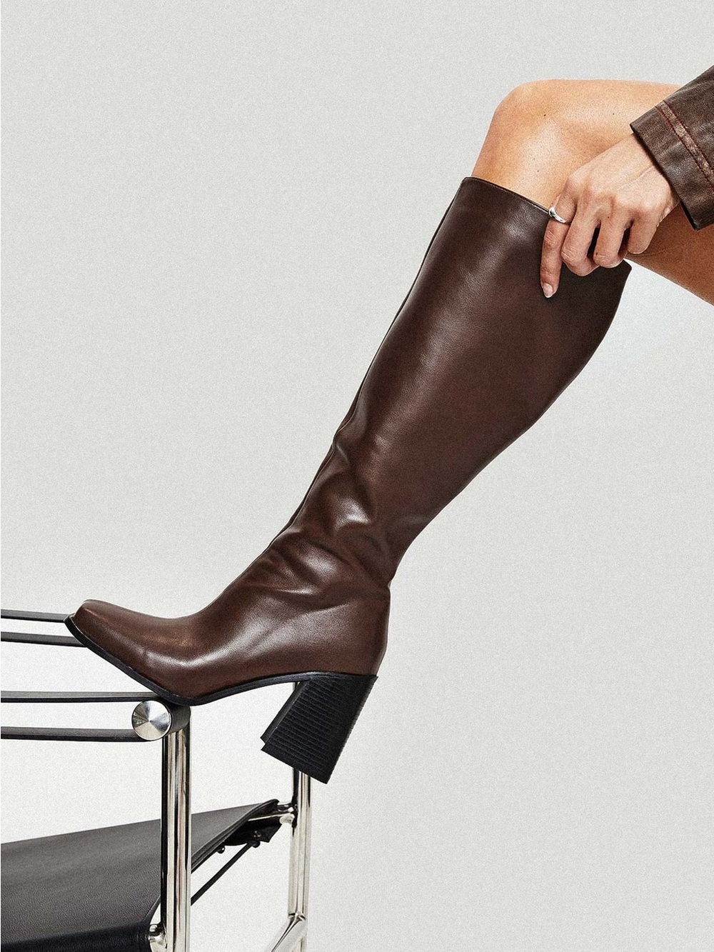Princess polly Renzo Knee-High Brown Leather Block-Heel Boots size 8